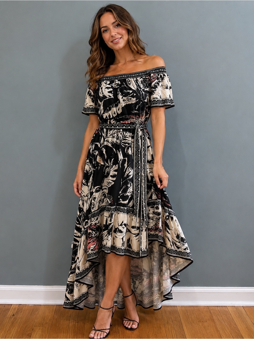 Flying Tomato Black Cream Floral High-Low Off-Shoulder Dress - Picture 1 of 11